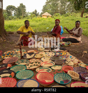 Donne che fanno parte tessuto cesti per la vendita, Bogodi, Uganda, Africa Foto Stock