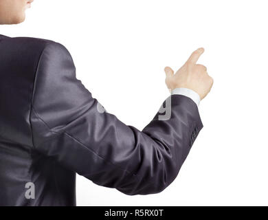 Vista posteriore. mano di un imprenditore puntando verso un spazio di copia Foto Stock