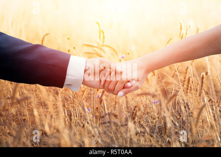 Sposi tenendo le mani su spighe di grano Foto Stock