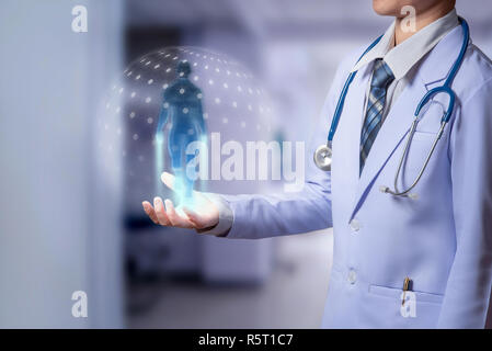 Donna medico azienda modello umano modello ologramma, futuristico ologramma di medici e di alta tecnologia e di diagnosi rapida e buoni esame, illustrazione Foto Stock