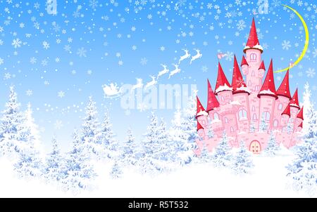 Cartoon castello rosa sullo sfondo dell'inverno coperti di neve foresta. Paesaggio invernale con un castello rosa nel bosco, neve, notte, la luna. Illustrazione Vettoriale