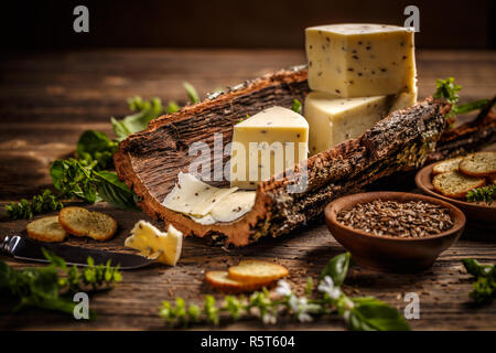 Il formaggio su una corteccia Foto Stock