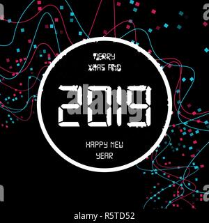 Felice Anno Nuovo 2019 sfondo digitale decorazione. Biglietto di auguri Modello di disegno. Illustrazione Vettoriale di data 2019 cyber anno. Celebrare la brochure e volantini. Illustrazione Vettoriale