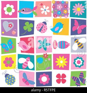 Gli uccelli api ladybugs farfalle pesci e fiori raccolta sul pattern colorato sfondo rettangolare Illustrazione Vettoriale