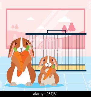 Graziosi conigli con carote pet gabbia illustrazione vettoriale Illustrazione Vettoriale