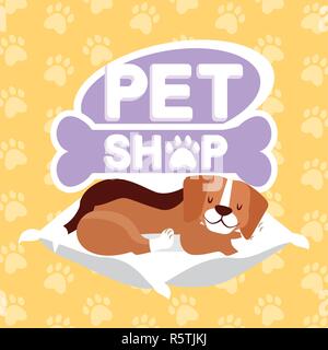 Cane beagle dormire sul cuscino pet shop illustrazione vettoriale Illustrazione Vettoriale