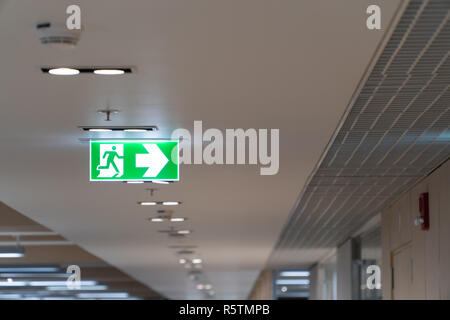 Green fire escape segno appendere al soffitto in ufficio. Foto Stock