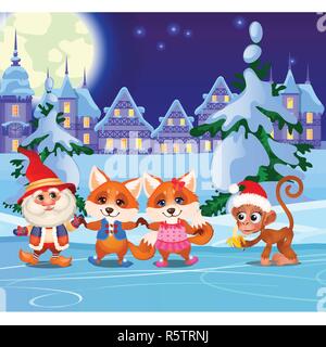 Animali divertenti e animata gnome sul ghiaccio stasera. Intrattenimento di sport invernali nel parco giochi del villaggio. Campione di Natale poster, invito alla festa e altre carte. Vector cartoon di close-up. Illustrazione Vettoriale