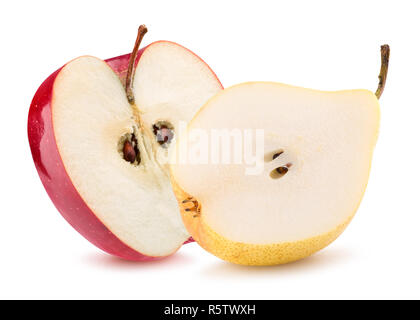 Semi di pera e mezza di apple isolato su uno sfondo bianco. Foto Stock