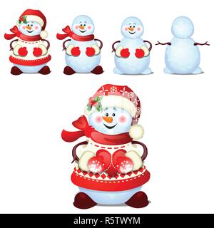 Set di allegro pupazzo di neve con il cappuccio di Babbo Natale isolato su uno sfondo bianco. Schizzo di Christmas Festive poster, invito alla festa, altri holiday card. Vector cartoon close-up illustrazione. Illustrazione Vettoriale