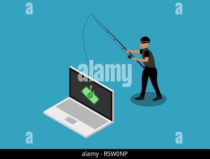 Un cyber ladro è rubare i soldi con la canna da pesca dal laptop. Online il concetto di frode. Attacco di phishing, pesca, hacker, sicurezza web, cyber ladro Illustrazione Vettoriale