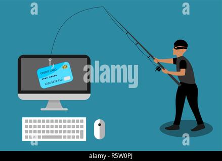 Un ladro è un furto carta di credito con la canna da pesca dal computer. Le frodi online concetto.attacco di phishing, pesca, hacker, sicurezza web, cyber ladro Illustrazione Vettoriale