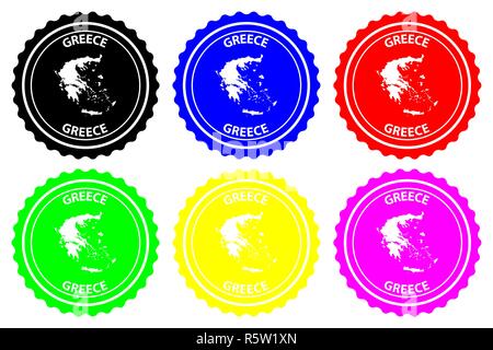 Grecia - timbro di gomma - il vettore, la Repubblica ellenica (Hellas) Mappa del modello - adesivo - nero, blu, verde, giallo, viola e rosso Illustrazione Vettoriale