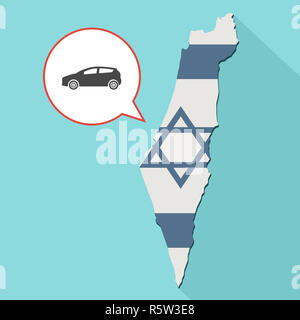 Animazione di una lunga ombra Israele mappa con la sua bandiera e un palloncino di fumetti con auto Foto Stock