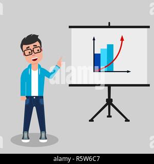 Giovani geek è in piedi vicino a lavagna puntando al successo grafico. Successo il concetto di progetto Illustrazione Vettoriale
