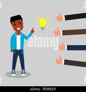 Giovane americano africano il dito puntato all'idea simbolo mentre imprenditori mostrano pollice in alto segno. Feedback positivo concetto Illustrazione Vettoriale