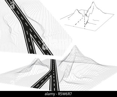 Strada statale in 3D. Vista da sopra ed in prospettiva. Autostrada del design. Scheletrico paesaggio incorniciato. illustrazione Illustrazione Vettoriale