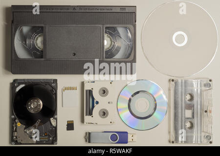 I vari tipi di supporto compact disc. La scheda di memoria. nastro video. digital video e cassette audio Foto Stock