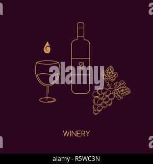 Icona vettore stile linea bottiglia di vino, uva e vetro. Illustrazione Vettoriale