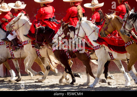 Gruppo di escaramuza messicano ragazze con rosso abiti messicano e sombrero cavalcata cavallo su un rodeo Foto Stock