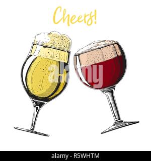 Due bicchieri di birra su uno sfondo bianco. Iscrizione Cheers. Illustrazione Vettoriale nel disegno stile. Illustrazione Vettoriale