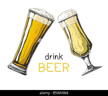 Due bicchieri di birra su uno sfondo bianco. Illustrazione Vettoriale nel disegno stile. Illustrazione Vettoriale
