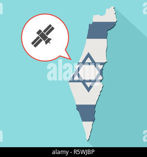 Animazione di una lunga ombra Israele mappa con la sua bandiera e un palloncino di fumetti con satellite Foto Stock