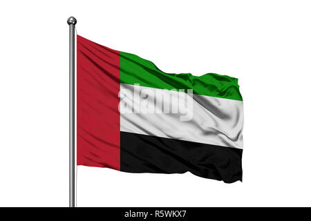 Bandiera degli Emirati Arabi Uniti sventolare nel vento, isolato sullo sfondo bianco. Bandiera degli Emirati Arabi Uniti. Foto Stock