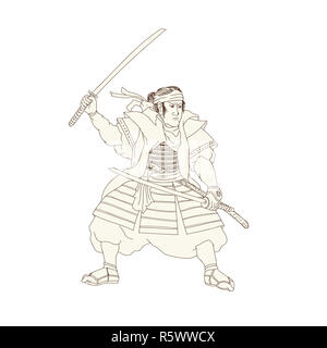Samurai Warrior Katana lotta posizione Woodblock Foto Stock
