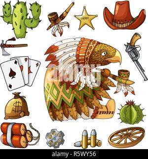 Personaggio dei fumetti American Eagle con set di western classico design di elementi di stampa Illustrazione Vettoriale