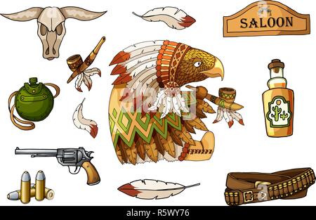 Western wild west art stickers set. Pistola, cranio, pallone, piume e altri oggetti Illustrazione Vettoriale