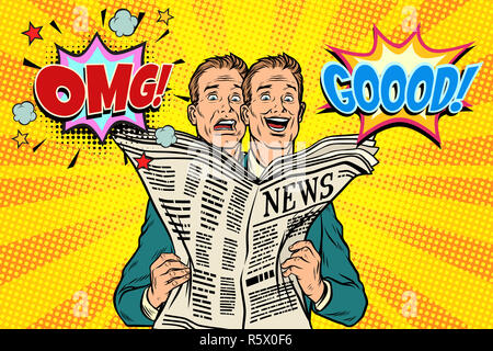Buone e cattive notizie di giornale, la reazione di uomini Foto Stock