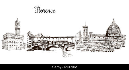 Set di simboli di Firenze silhuettes. Cityline. Il Duomo di Santa Maria del Fiore e il Palazzo Vecchio, Ponte Vecchio Foto Stock