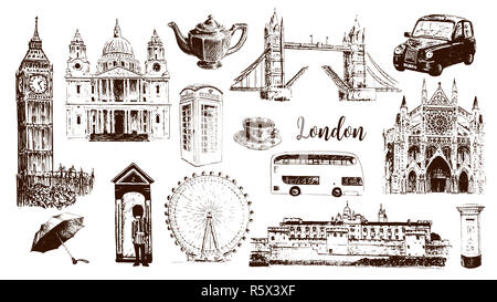 Simboli di Londra: Big Ben, Tower Bridge, bus, guardsman, mail box, box di chiamata. San Paolo, la cattedrale, tè, ombrello, Westminster. Foto Stock