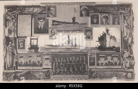 * Vintage Cartolina fotografica della Royal Navy marinai che hanno perso la loro vita su L24 sommergibile che fu affondato a seguito di una collisione con risoluzione HMS disattivata Portland Bill nel 1924. Foto Stock