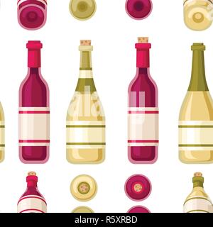 Modello senza giunture. Raccolta di vino rosso e bianco bottiglia e bicchiere di vetro. Bottiglia con etichetta. Appartamento illustrazione vettoriale su sfondo bianco. Illustrazione Vettoriale