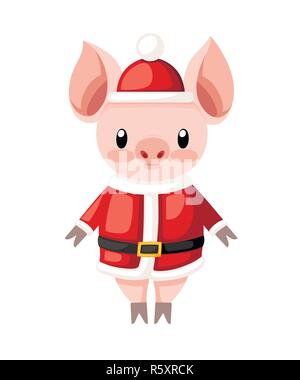 Carino il maiale in Christmas santa costume. Cartoon character design. Rosa mascotte di animale. Piatto illustrazione vettore isolato su sfondo bianco. Illustrazione Vettoriale