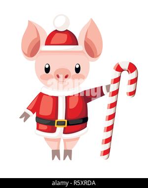 Carino il maiale in Christmas santa costume. Cartoon character design. Rosa mascotte di animale. Maialino tenere candy cane. Appartamento illustrazione vettoriale isolati su wh Illustrazione Vettoriale