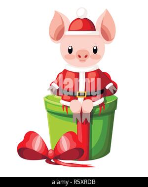 Carino il maiale in Christmas santa costume. Cartoon character design. Maialino sedersi sulla green box regalo. Rosa mascotte di animale. Piatto illustrazione vettore isolato Illustrazione Vettoriale