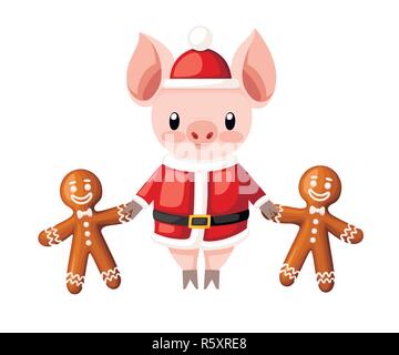 Carino il maiale in Christmas santa costume con due gingerbread cookie. Cartoon character design. Rosa mascotte di animale. Appartamento illustrazione vettoriale isolati su wh Illustrazione Vettoriale