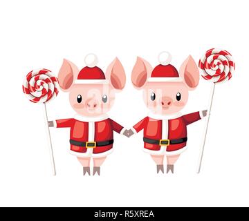 Due simpatici suini in Christmas santa costume. Attesa di maiale candy stick. Cartoon character design. Rosa mascotte di animale. Appartamento illustrazione vettoriale isolati su whi Illustrazione Vettoriale