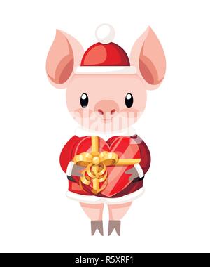 Carino il maiale in Christmas santa costume. Cartoon character design. Little ha a forma di cuore scatola regalo. Rosa mascotte di animale. Appartamento illustrazione vettoriale isolat Illustrazione Vettoriale