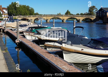 Barche ormeggiate a Henley on Thames con Henley Bridge in background, Oxfordshire, England Regno Unito Regno Unito Foto Stock