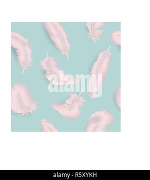 Vector Seamless Pattern con 3d realistica la caduta di diverso colore rosa Twirled soffice piuma su sfondo blu. Modello di progetto, Angelo, uccello o Flamingo Tropical Vibes, dettagliata giù in varie forme Illustrazione Vettoriale