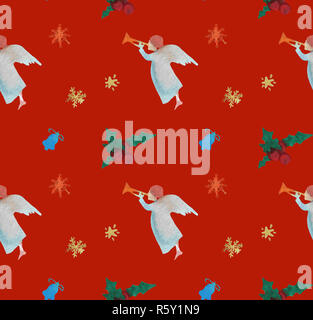 Natale acquerello bellissimo modello senza cuciture con angelo, stelle di fiocchi di neve e bacche. Felice anno nuovo decor. Vacanze stampe decorative per textil Foto Stock