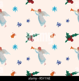 Natale acquerello bellissimo modello senza cuciture con angelo, stelle di fiocchi di neve e bacche. Felice anno nuovo decor. Vacanze stampe decorative per textil Foto Stock