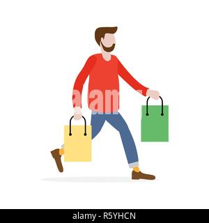 L'uomo portare borse della spesa in vendita. Shopping L'uomo. Grande vendita. Venerdì nero. L'uomo ha acquistato buste regalo. Offerta speciale. Concetto di design di banner, tappetino promozionali Illustrazione Vettoriale