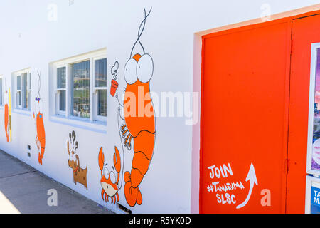 Il nuovo design e illustrazione dipinta sul Tamarama Surf Life saving Club di Sydney, Australia Foto Stock