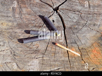 Tre petardi e corrispondenza giacente su un ceppo di albero Foto Stock