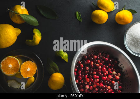 Telaio di tangerini, limone e mirtilli rossi su una tabella grigia vista laterale Foto Stock